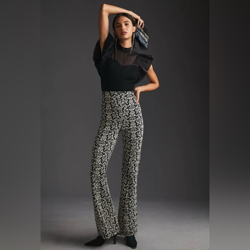 NEW Anthropologie High Rise Stretch Flares Damask Black White Print Sz Small 905